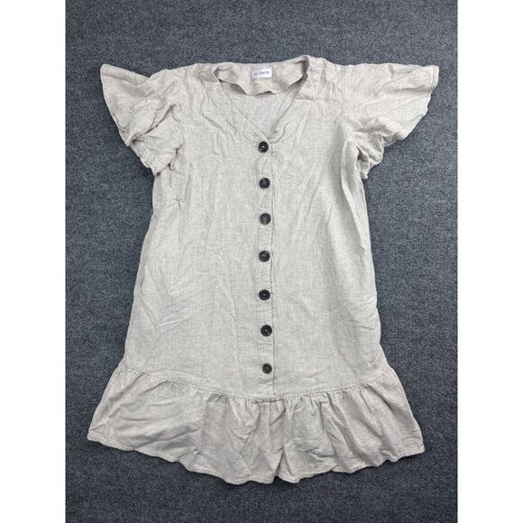 Femme Dresses & Skirts - Ces Femme Dress Women's L Beige Button Up Pockets 100% Cotton Midi Ruffle